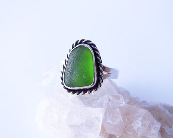 Silver Green Sea Glass Ring Size 7-Natural Sea Glass Jewelry-Natural Beach Jewelry-Ocean Gift-Bezel Set Sea Glass Ring-Coast Jewelry