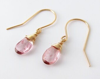 Pink Quartz Earrings-Dainty Wire Wrapped Pink Dangle Jewelry-Pink Jewelry-Holiday Gift for Her-14K Gold Filled