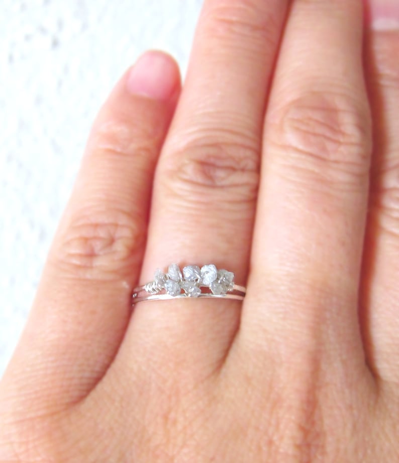 White Raw Diamond Ring-Sterling Silver Uncut Diamond Ring-Rough Diamond Engagement Ring-April Birthstone Gift-April Birthstone Stacking Ring