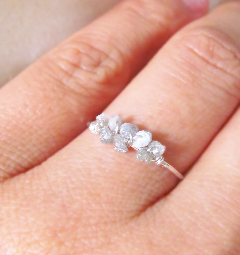 White Raw Diamond Ring-Sterling Silver Uncut Diamond Ring-Rough Diamond Engagement Ring-April Birthstone Gift-April Birthstone Stacking Ring