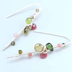 Wire Wrapped Silver Tourmaline Flower Earrings-Tourmaline Floral Earrings-Watermelon Tourmaline Earrings-Colorful Gemstone Earrings image 6