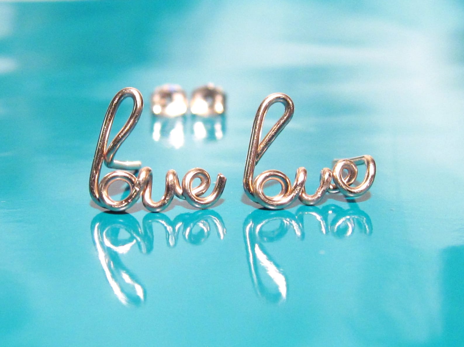 Rose Gold Love Earringsgold Wire Love Studssilver Cursive Etsy