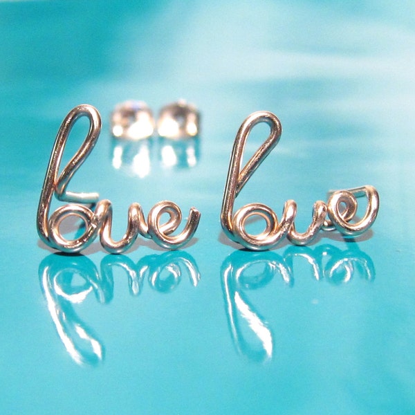 Rose Gold Love Earrings-Gold Wire Love Studs-Silver Cursive Word Earrings-Valentine's Day Gift for Her-Best Girlfriend Earrings-Love Earring