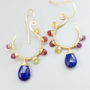 Gold Lapiz Lazuli Earrings-Wire Wrapped Multi Gemstone Earrings-Wire Wrapped Flower Gemstone Earrings image 6