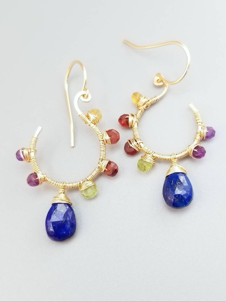 Gold Lapiz Lazuli Earrings-Wire Wrapped Multi Gemstone Earrings-Wire Wrapped Flower Gemstone Earrings image 6