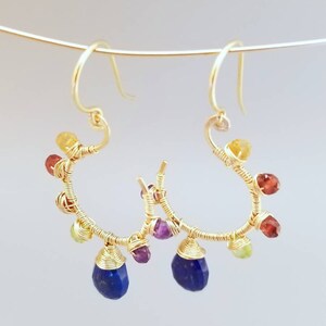 Gold Lapiz Lazuli Earrings-Wire Wrapped Multi Gemstone Earrings-Wire Wrapped Flower Gemstone Earrings image 3