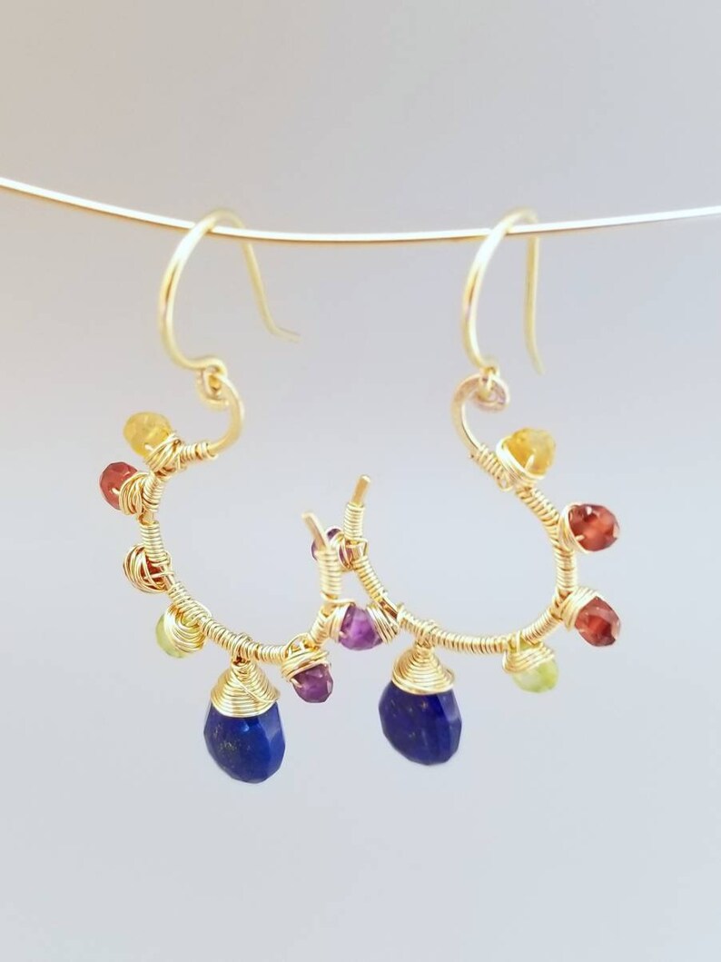 Gold Lapiz Lazuli Earrings-Wire Wrapped Multi Gemstone Earrings-Wire Wrapped Flower Gemstone Earrings image 3