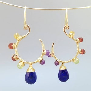 Gold Lapiz Lazuli Earrings-Wire Wrapped Multi Gemstone Earrings-Wire Wrapped Flower Gemstone Earrings image 2