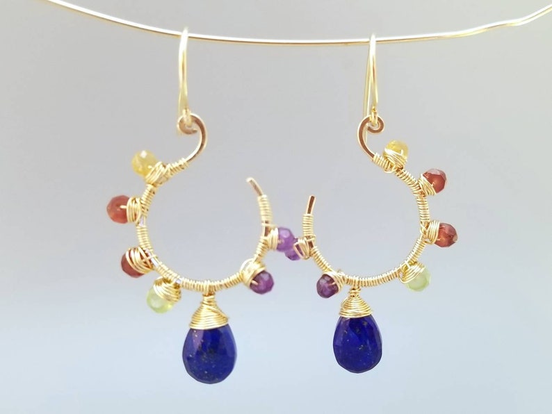 Gold Lapiz Lazuli Earrings-Wire Wrapped Multi Gemstone Earrings-Wire Wrapped Flower Gemstone Earrings image 2