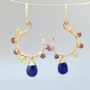 Gold Lapiz Lazuli Earrings-Wire Wrapped Multi Gemstone Earrings-Wire Wrapped Flower Gemstone Earrings image 5