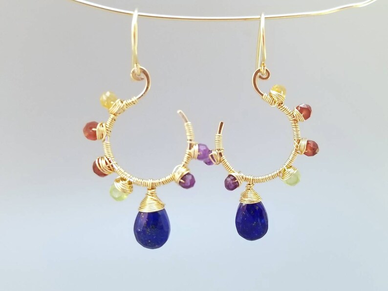 Gold Lapiz Lazuli Earrings-Wire Wrapped Multi Gemstone Earrings-Wire Wrapped Flower Gemstone Earrings image 5