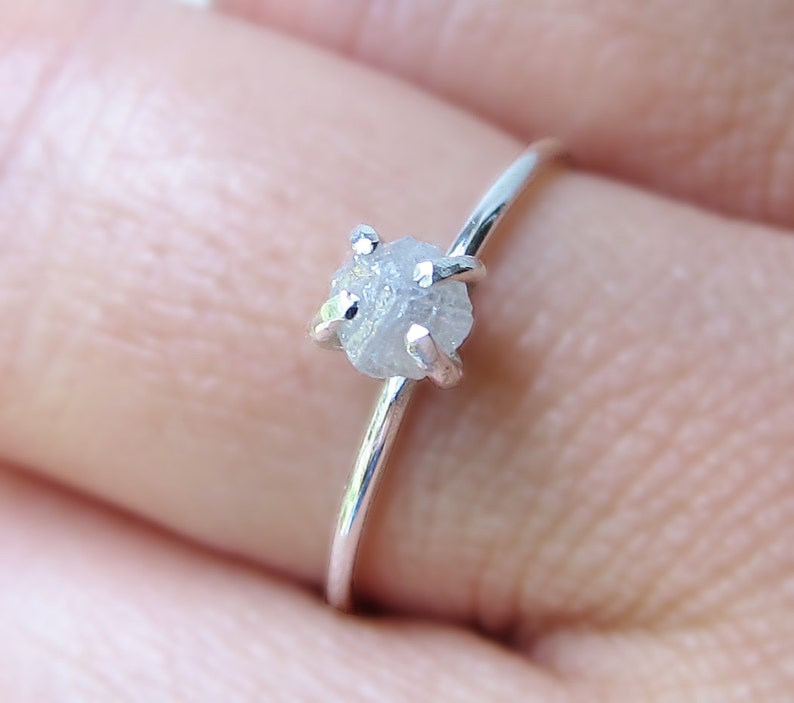 White Raw Diamond Ring-Silver Uncut Diamond Ring-Silver Rough Diamond Engagement Ring-April Birthstone Gift-Raw Diamond Jewelry Gift for Her 