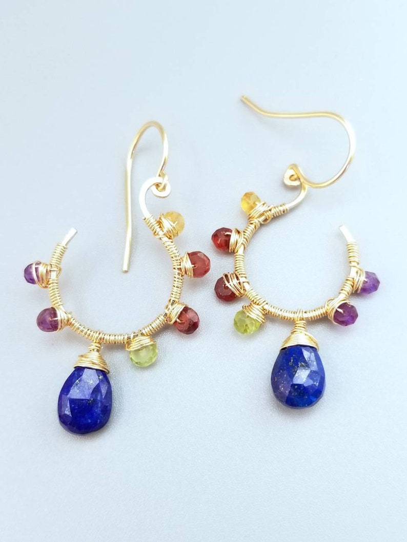 Gold Lapiz Lazuli Earrings-Wire Wrapped Multi Gemstone Earrings-Wire Wrapped Flower Gemstone Earrings image 1