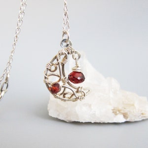 Sterling Silver Wire Wrapped Garnet Moon Necklace-Red Garnet Moon Jewelry-January Birthstone Necklace-Red Gemstone Necklace-Moon Gift