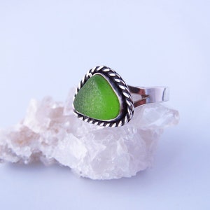 Silver Genuine Green Sea Glass Ring-Size 7-Natural Sea Glass Jewelry-Green Beach Jewelry for He-Holiday Green Gift-Simple Ocean Jewelry