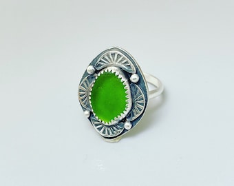 Natural Sea Glass Ring-Dainty Lime Green Sea Glass Ring-Simple Green Beach Jewelry-Beach Glass Jewelry-Simple Ocean Jewelry-Size 7.5