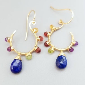 Gold Lapiz Lazuli Earrings-Wire Wrapped Multi Gemstone Earrings-Wire Wrapped Flower Gemstone Earrings image 7