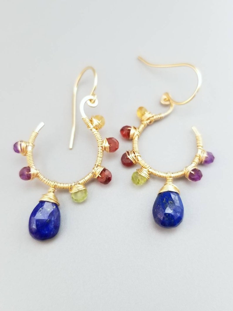 Gold Lapiz Lazuli Earrings-Wire Wrapped Multi Gemstone Earrings-Wire Wrapped Flower Gemstone Earrings image 7