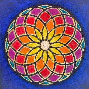 May include: A colorful, circular artwork featuring a geometric design. The design is composed of diamond shapes in red, orange, and purple, with yellow petal-like shapes in the center. The background is a deep blue.