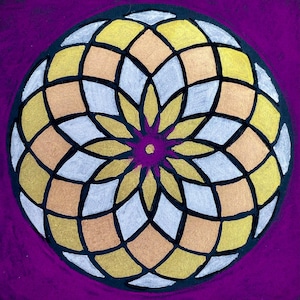 May include: A circular, symmetrical design with a floral center and geometric patterns. The artwork features a dark purple background with a central flower in shades of purple, gold, and white. The design is reminiscent of a stained-glass window.