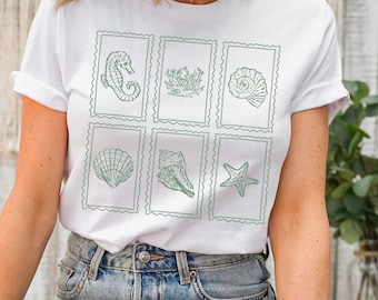 Vintage Nautical Postage Stamp Tee, Ocean Sea Life Shirt, Gift for Beach Lover, Seahorse Seashell Coastal Graphic Tshirt, Nature Art Top