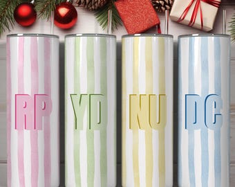 Personalized Initial Striped Tumbler, Pastel Shadow Monogram Design, Minimal Block Letters Style, Insulated Travel Cup With Straw
