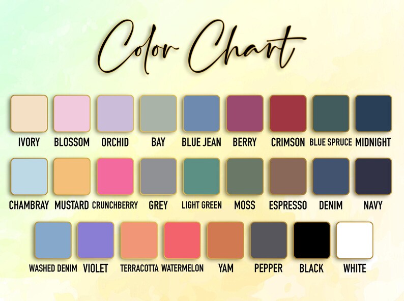 Op de afbeelding: Een kleurenkaart met een verscheidenheid aan tinten, waaronder ivoor, bloesem, orchidee en spijkerbroekblauw. De kaart toont een reeks kleuren met namen als karmozijn, marine en wit. De tekst "Color Chart" staat in cursief bovenaan.