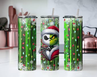 Jack Skellington and Grinch Tumbler, Grinchmas Tumbler, Skinny Tumbler Cup with Straw & Lid, 20oz Steel Tumbler, Christmas Gift Ideas