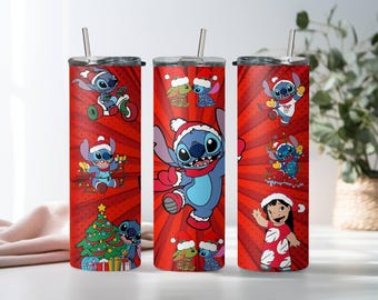 Stitch Christmas Tumbler, Cute Stitch Tumbler, Skinny Tumbler Cup with Straw & Lid, 20oz Steel Tumbler, Christmas Gift, Stitch Lovers Cup