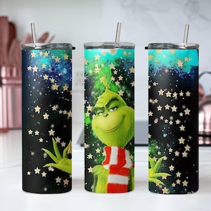 Vibrant Grinch Sublimated Skinny Tumbler, Grinch Christmas 20oz Slim Tumbler, Steel Tumbler Cup with Straw & Lid, Grinch Skinny Tumbler
