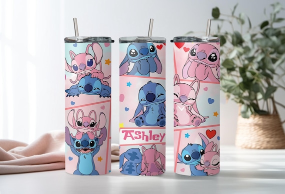 Custom Name Stitch and Angel Skinny Tumbler, Personalized Disney Stitch, Disney Tumbler, Stitch Lover Gift,  20oz Slim Tumbler, Gift for Her