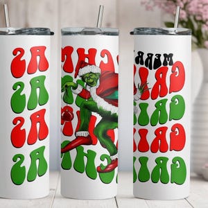 Merry Grinchmas Skinny Tumbler, Grinch Xmas 20oz Slim Tumbler, Stainless Steel Tumbler Cup with Straw & Lid, Grinch Sublimated Slim Tumbler