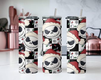 Santa Jack Skinny Tumbler, Jack Skellington Tumbler, Stainless Steel Skinny Tumbler Cup with Straw & Lid, 20oz Christmas Sublimated Tumbler