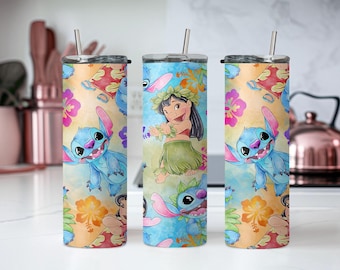 Stitch and Lilo Tumbler, Skinny Tumbler Cup with Straw & Lid, 20oz Steel Tumbler, Christmas Gift, Stitch Lovers Gift, Disney Gift Tumblers