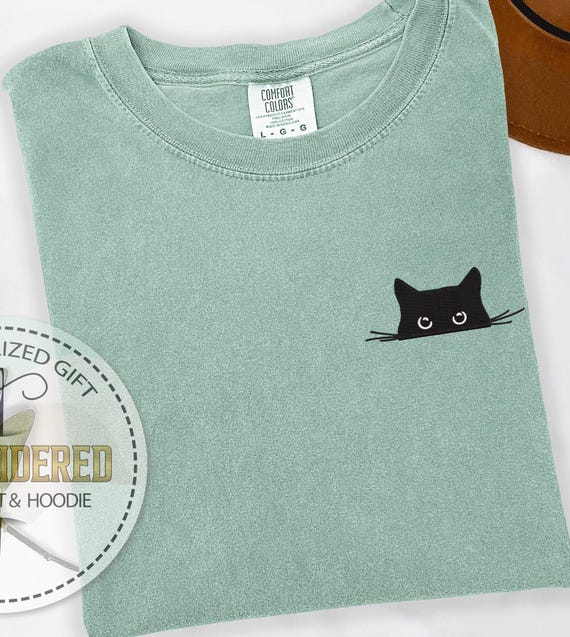 Embroidery Cat Shirt, Embroidered Kitten Tee, Comfort Colors Tee, Black Cat Tshirt, Trendy Cat Shirt, Hidden Kitten Tee, Black Kitty Tshirt