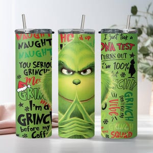 Funny Grinch Skinny Tumbler, Christmas Grinch 20oz Slim Tumbler, Skinny Tumbler Cup with Straw & Lid, Grinch Xmas Sublimated Skinny Tumbler