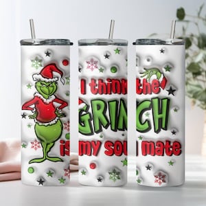 Grinch Is My Soulmate Skinny Tumbler, Funny Grinch Xmas Tumbler, Stainless Steel Tumbler Cup with Straw & Lid, 20oz Grinch Skinny Tumbler