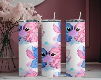 Stitch and Angel Tumbler, Disney Stitch Tumbler, Skinny Tumbler Cup with Straw & Lid, 20oz Steel Tumbler, Christmas Gift, Stitch Lovers Gift