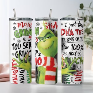 Funny Grinch Skinny Tumbler, 20oz Skinny Tumbler Cup with Straw & Lid, Xmas Grinch Tumbler, Grinch Lover Gift, Christmas Gift Slim Tumbler