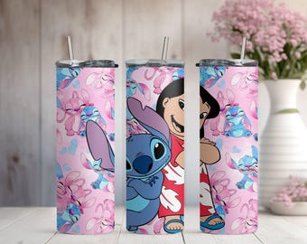 Stitch and Lilo Tumbler, Disney Gift Tumblers, Skinny Tumbler Cup with Straw & Lid, 20oz Steel Tumbler, Christmas Gift, Stitch Lovers Gift