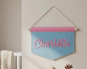 Stitched Custom Felt Name Banner, Handmade Nursery Wall Decor, Personalized Kids Room Flag Gift