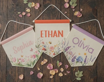Printed Personalized Name Pennant, Floral Nursery Wall Decor, Custom Felt Banner for Baby Room