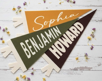 Printed Personalized banner flag, Custom Name Sign Felt Pennant, kids & Nursery Wall Art, Boys Girls home decor gift, earth tone