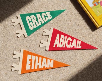 Printed Personalized Felt Name Pennant, Nursery Decor, Kids Room Wall Banner Gift