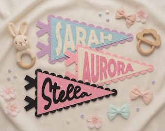 Scalloped Felt Pennant Flag, Personalized Name Banner, Handmade Wavy Edge Felt Flag, Custom Birthday Nursery Decor Keepsake