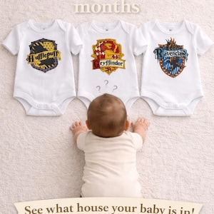 May include: Three white baby onesies with Harry Potter house crests: Hufflepuff, Gryffindor, and Ravenclaw. The image includes the text "9 3/4 months" and "See what house your baby is in!" A baby lies on a white surface.