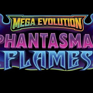 May include: A graphic design featuring the text "MEGA EVOLUTION PHANTASMAL FLAMES" in a stylized font. The text is outlined in blue and white, with a pink and purple gradient. The background is black, with blue and purple flames.