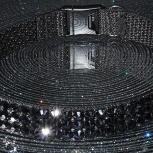 K&ouml;nnte beinhalten: Ein schwarzes Hundehalsband mit silberner Schnalle. Das Halsband besteht aus gewebtem Material und ist mit schwarzen Edelsteinen verziert. Der Hintergrund ist eine strukturierte, dunkelgraue Oberfl&auml;che mit konzentrischen Kreisen.