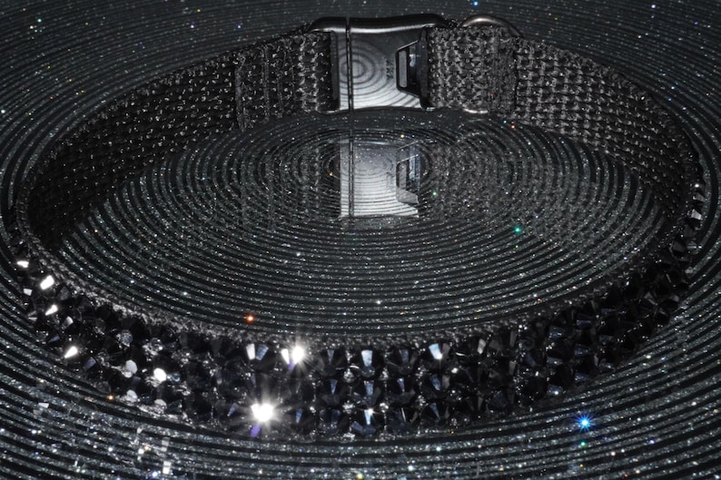 K&ouml;nnte beinhalten: Ein schwarzes Hundehalsband mit silberner Schnalle. Das Halsband besteht aus gewebtem Material und ist mit schwarzen Edelsteinen verziert. Der Hintergrund ist eine strukturierte, dunkelgraue Oberfl&auml;che mit konzentrischen Kreisen.