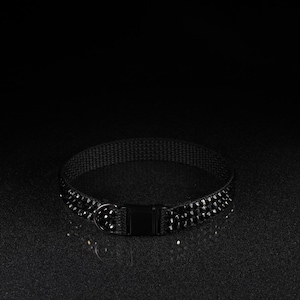K&ouml;nnte beinhalten: Ein schwarzes Haustierhalsband mit einem verzierten Design. Das Halsband besteht aus einem gewebten Material und verf&uuml;gt &uuml;ber eine Metallschnalle und einen D-Ring zum Anbringen einer Leine. Das Halsband ist etwa 2.5 cm breit.